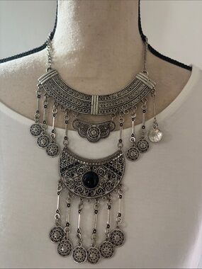 Bohemian Silver-Tone Filigree Statement Necklace with Black Stone